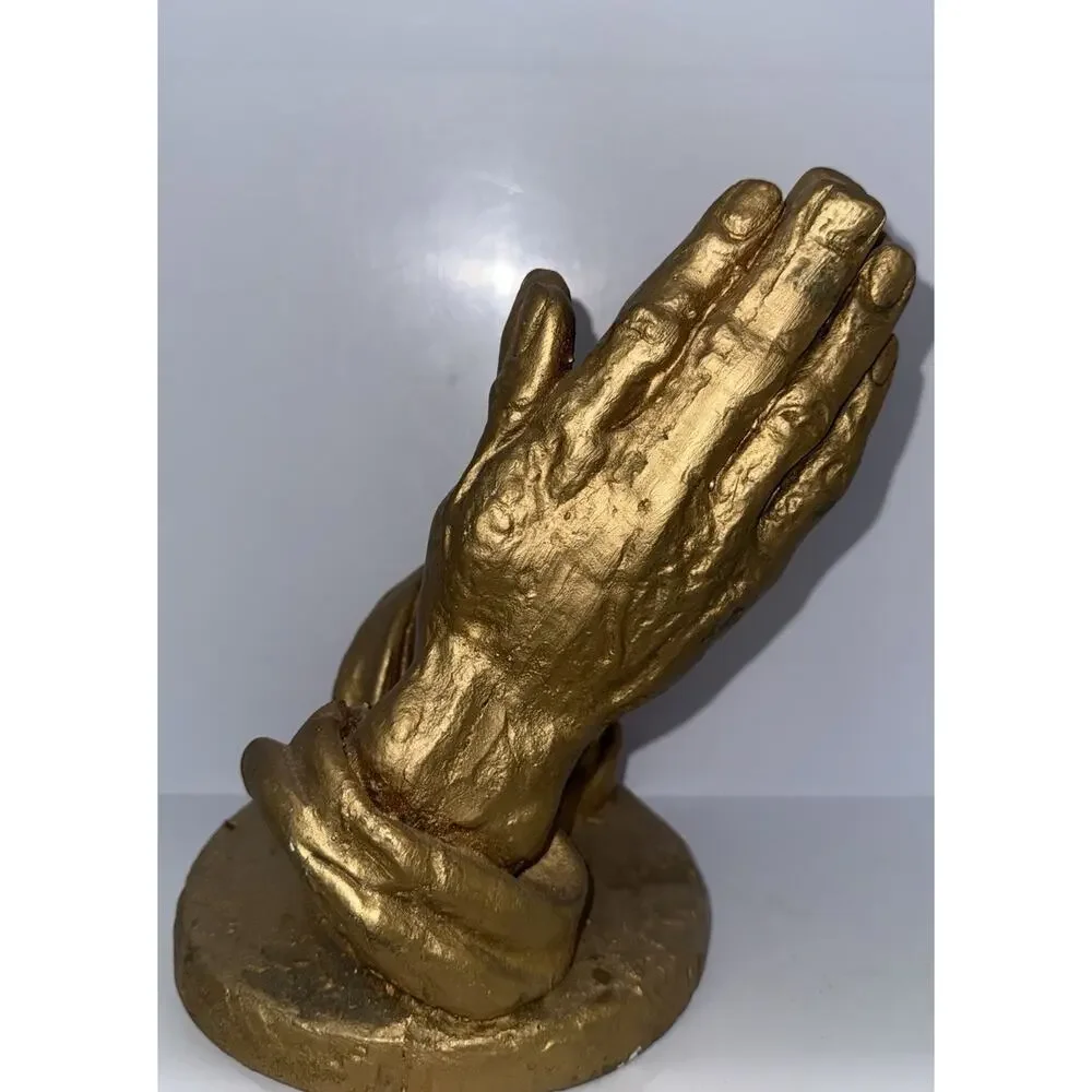 Vintage Praying Hands Sculpture Mexico Mexican Art Gold Chalk-Ware Heavy 10”